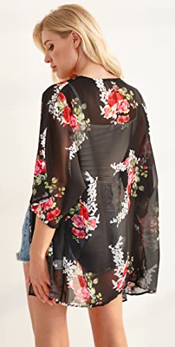 Women's Floral Kimono Cardigan Print Short Sleeve Shawl Chiffon Casual Summer Blouse Tops