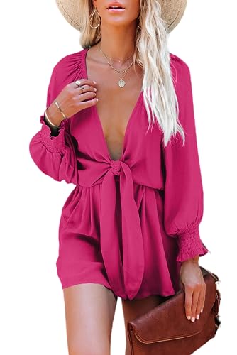 Women's Casual Floral Jumpsuits V-neck Long Sleeve Tie Waist Ruffle Layered Mini Dress Short Rompers