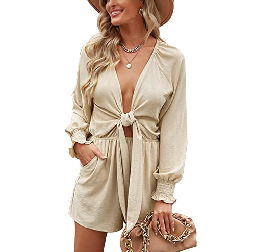 Women's Casual Floral Jumpsuits V-neck Long Sleeve Tie Waist Ruffle Layered Mini Dress Short Rompers