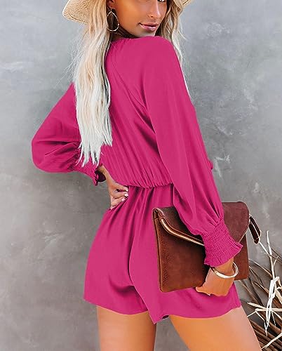 Women's Casual Floral Jumpsuits V-neck Long Sleeve Tie Waist Ruffle Layered Mini Dress Short Rompers