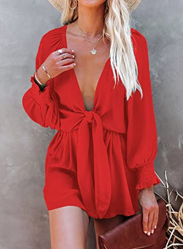 Women's Casual Floral Jumpsuits V-neck Long Sleeve Tie Waist Ruffle Layered Mini Dress Short Rompers