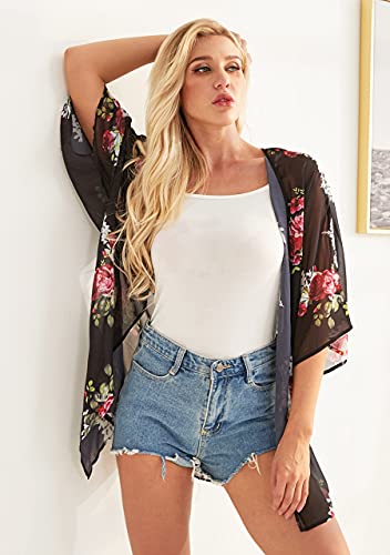 Women's Floral Kimono Cardigan Print Short Sleeve Shawl Chiffon Casual Summer Blouse Tops