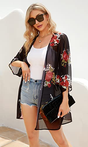 Women's Floral Kimono Cardigan Print Short Sleeve Shawl Chiffon Casual Summer Blouse Tops