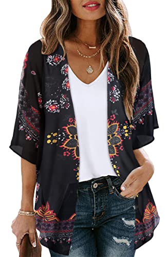 Women's Floral Kimono Cardigan Print Short Sleeve Shawl Chiffon Casual Summer Blouse Tops