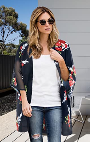 Women's Floral Kimono Cardigan Print Short Sleeve Shawl Chiffon Casual Summer Blouse Tops