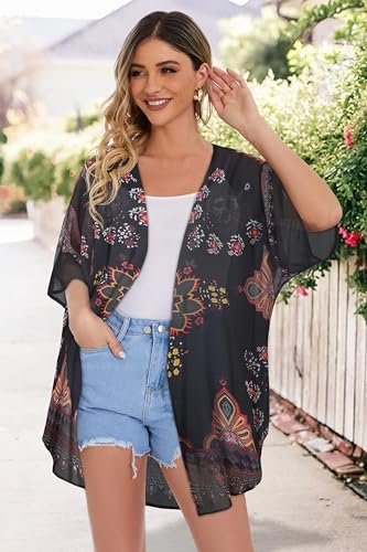 Women's Floral Kimono Cardigan Print Short Sleeve Shawl Chiffon Casual Summer Blouse Tops