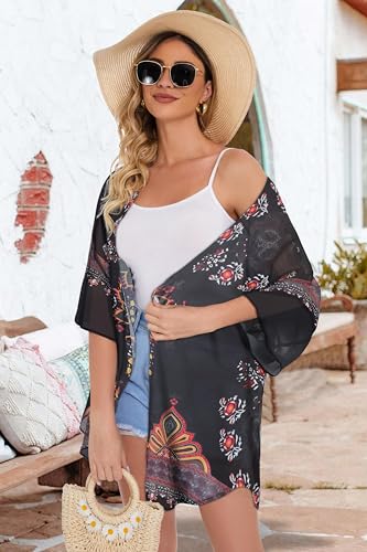 Women's Floral Kimono Cardigan Print Short Sleeve Shawl Chiffon Casual Summer Blouse Tops