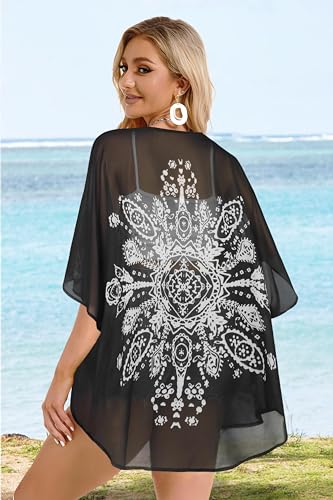 Women's Floral Kimono Cardigan Print Short Sleeve Shawl Chiffon Casual Summer Blouse Tops