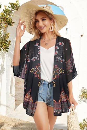 Women's Floral Kimono Cardigan Print Short Sleeve Shawl Chiffon Casual Summer Blouse Tops