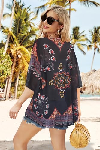 Women's Floral Kimono Cardigan Print Short Sleeve Shawl Chiffon Casual Summer Blouse Tops