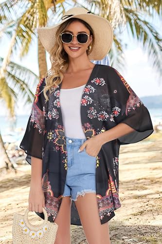 Women's Floral Kimono Cardigan Print Short Sleeve Shawl Chiffon Casual Summer Blouse Tops