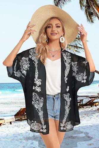 Women's Floral Kimono Cardigan Print Short Sleeve Shawl Chiffon Casual Summer Blouse Tops