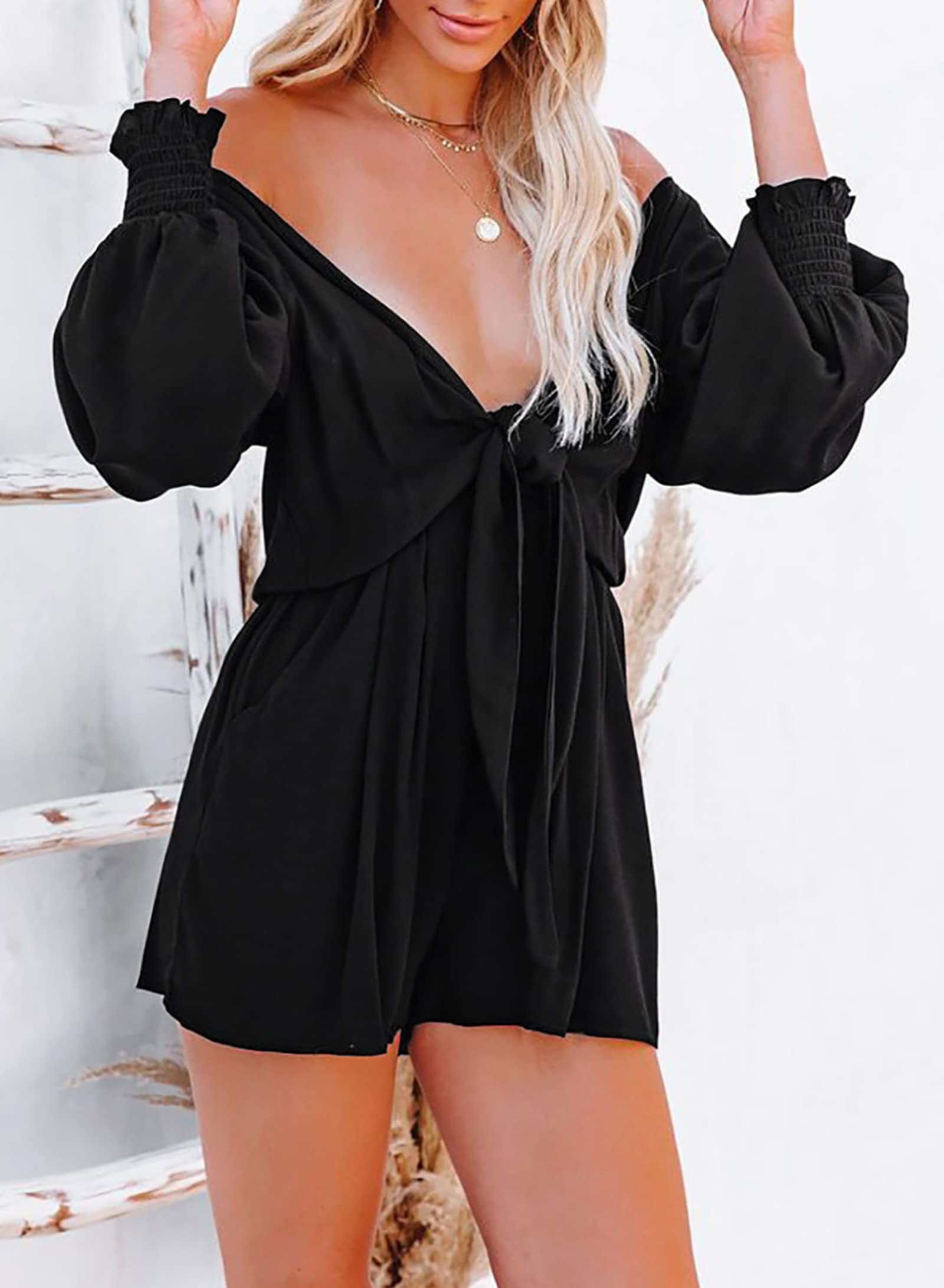 Women's Casual Floral Jumpsuits V-neck Long Sleeve Tie Waist Ruffle Layered Mini Dress Short Rompers