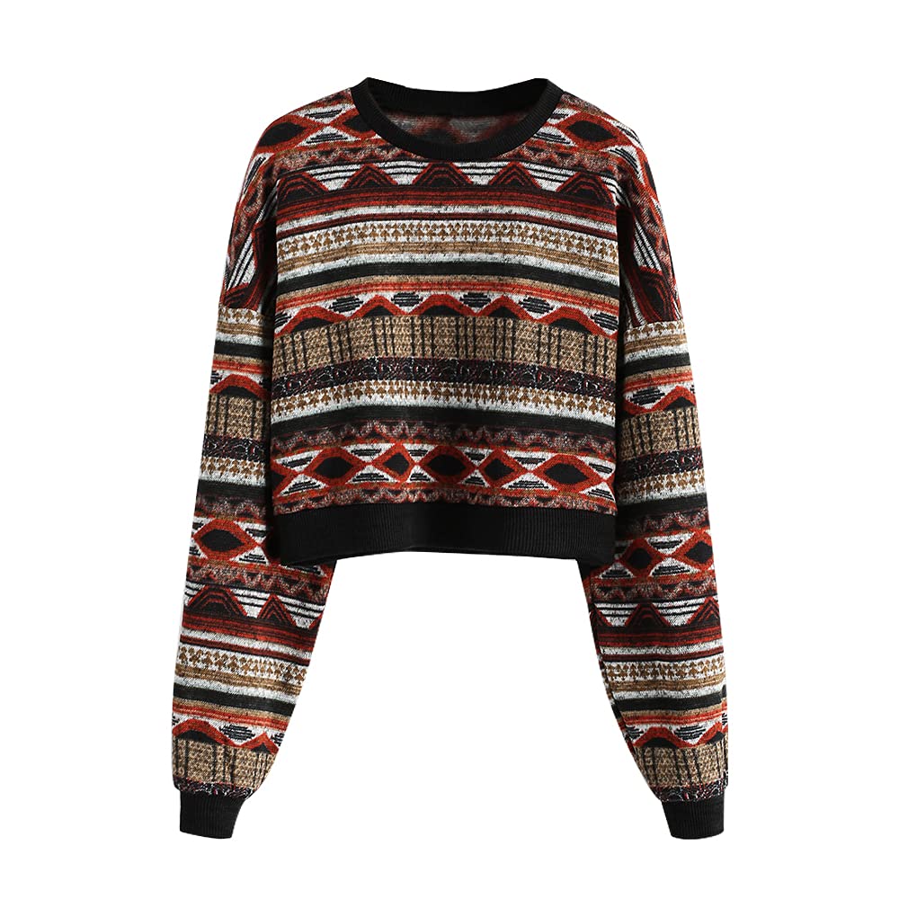 Women's Tribal Ethnic Graphic Cropped Knitwear Bohemian Long Sleeve Pullover Sweater