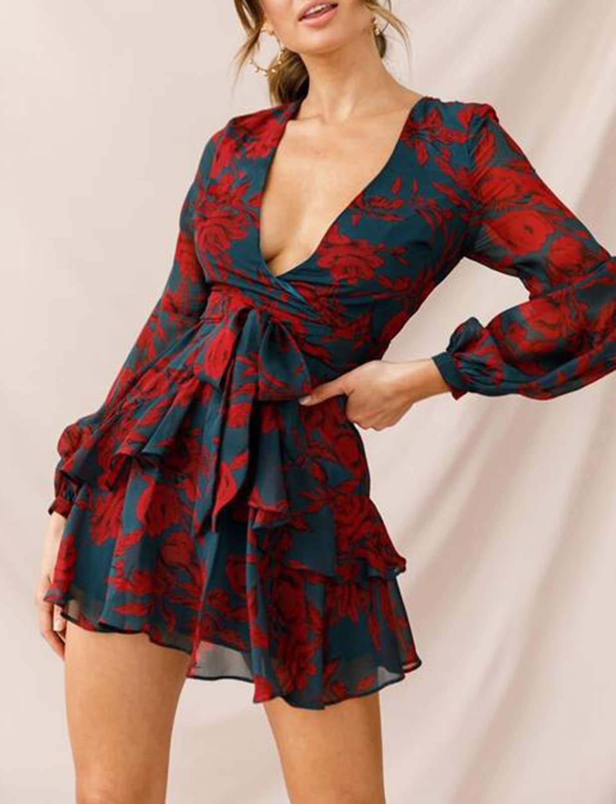 Women's Casual Floral Jumpsuits V-neck Long Sleeve Tie Waist Ruffle Layered Mini Dress Short Rompers