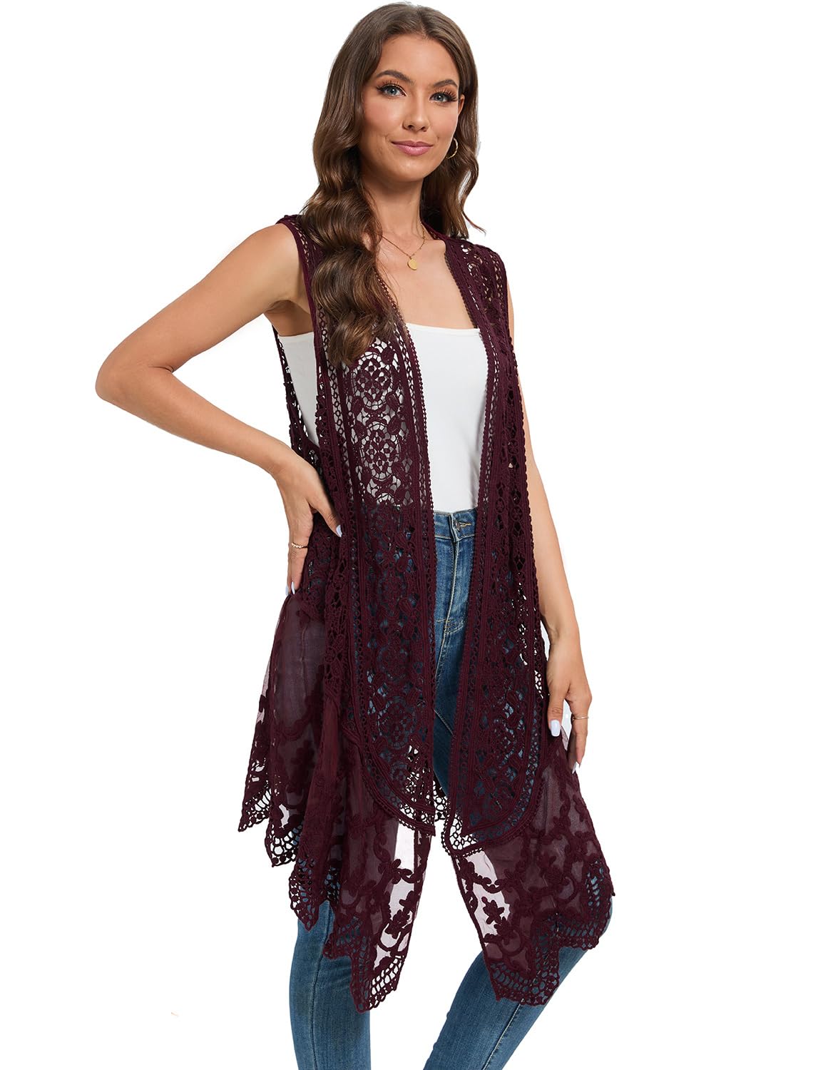 WESURE Sheer Cardigan Crochet Sleeveless Cover Up Mesh Patchwork Hippie Vest (Beige)