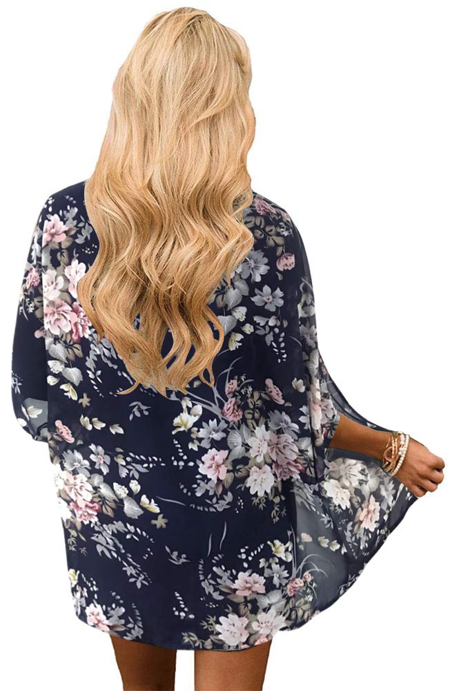 Women's Floral Kimono Cardigan Print Short Sleeve Shawl Chiffon Casual Summer Blouse Tops