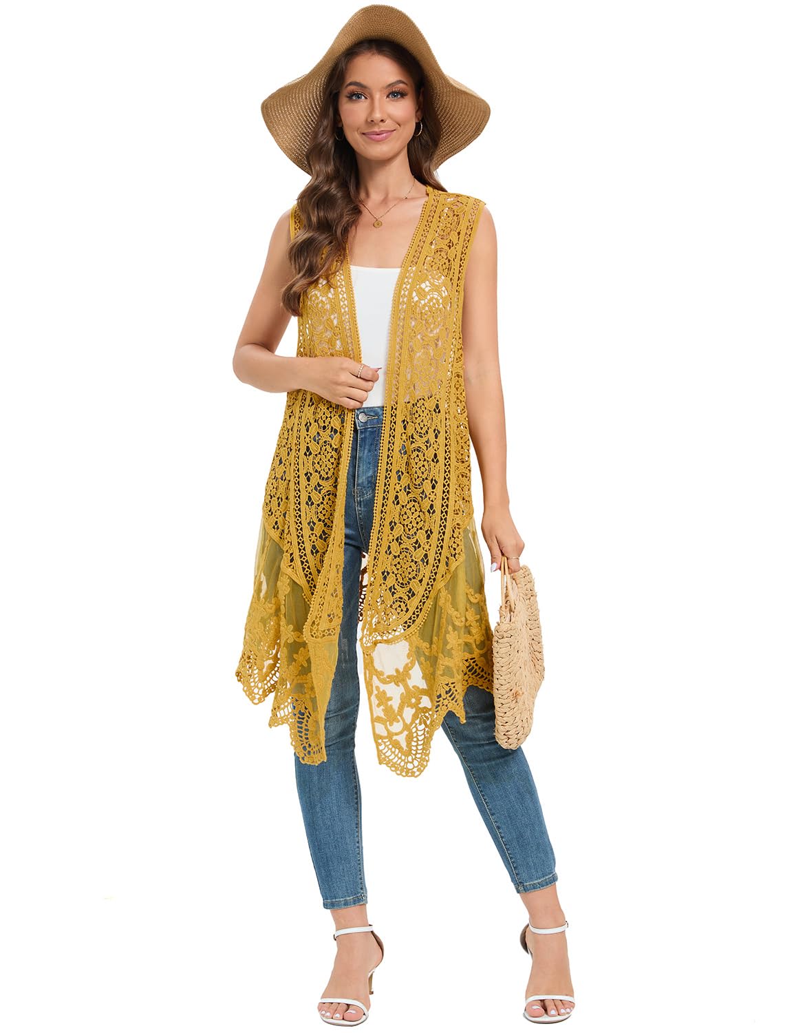 WESURE Sheer Cardigan Crochet Sleeveless Cover Up Mesh Patchwork Hippie Vest (Beige)