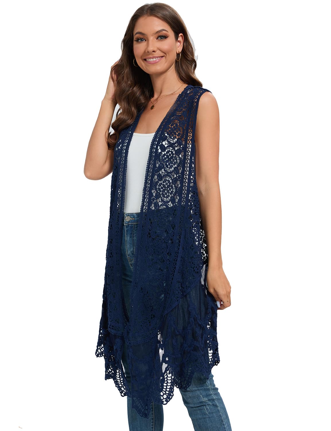 WESURE Sheer Cardigan Crochet Sleeveless Cover Up Mesh Patchwork Hippie Vest (Beige)