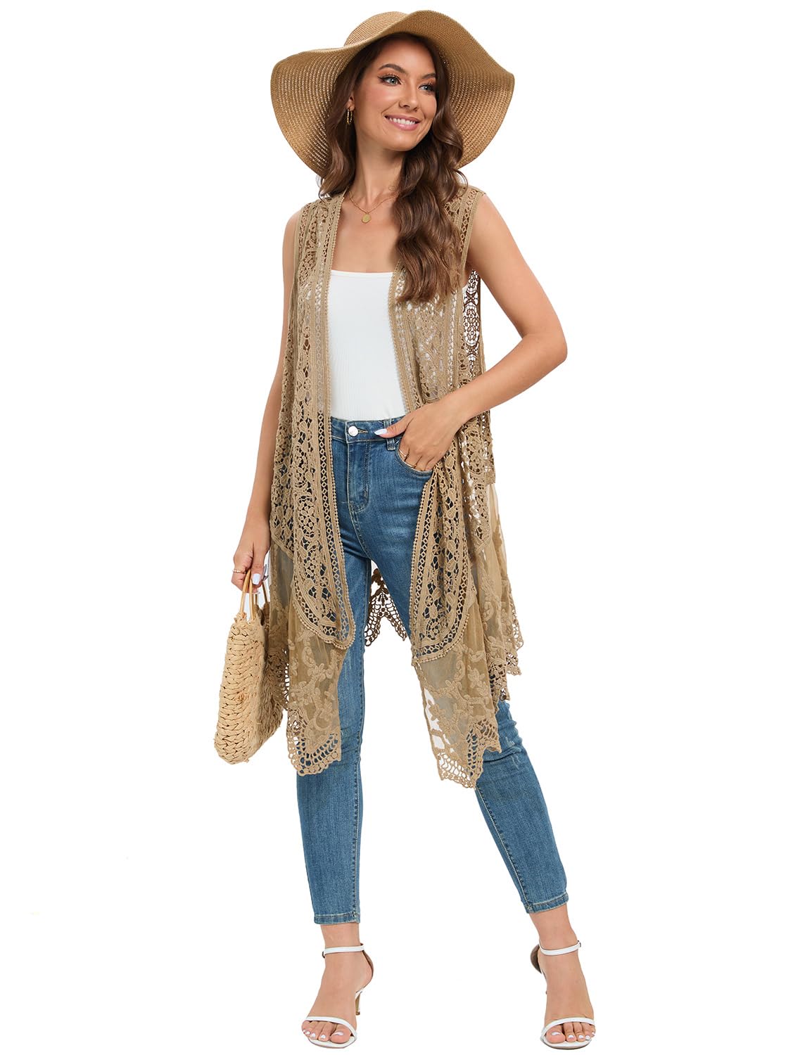 WESURE Sheer Cardigan Crochet Sleeveless Cover Up Mesh Patchwork Hippie Vest (Beige)