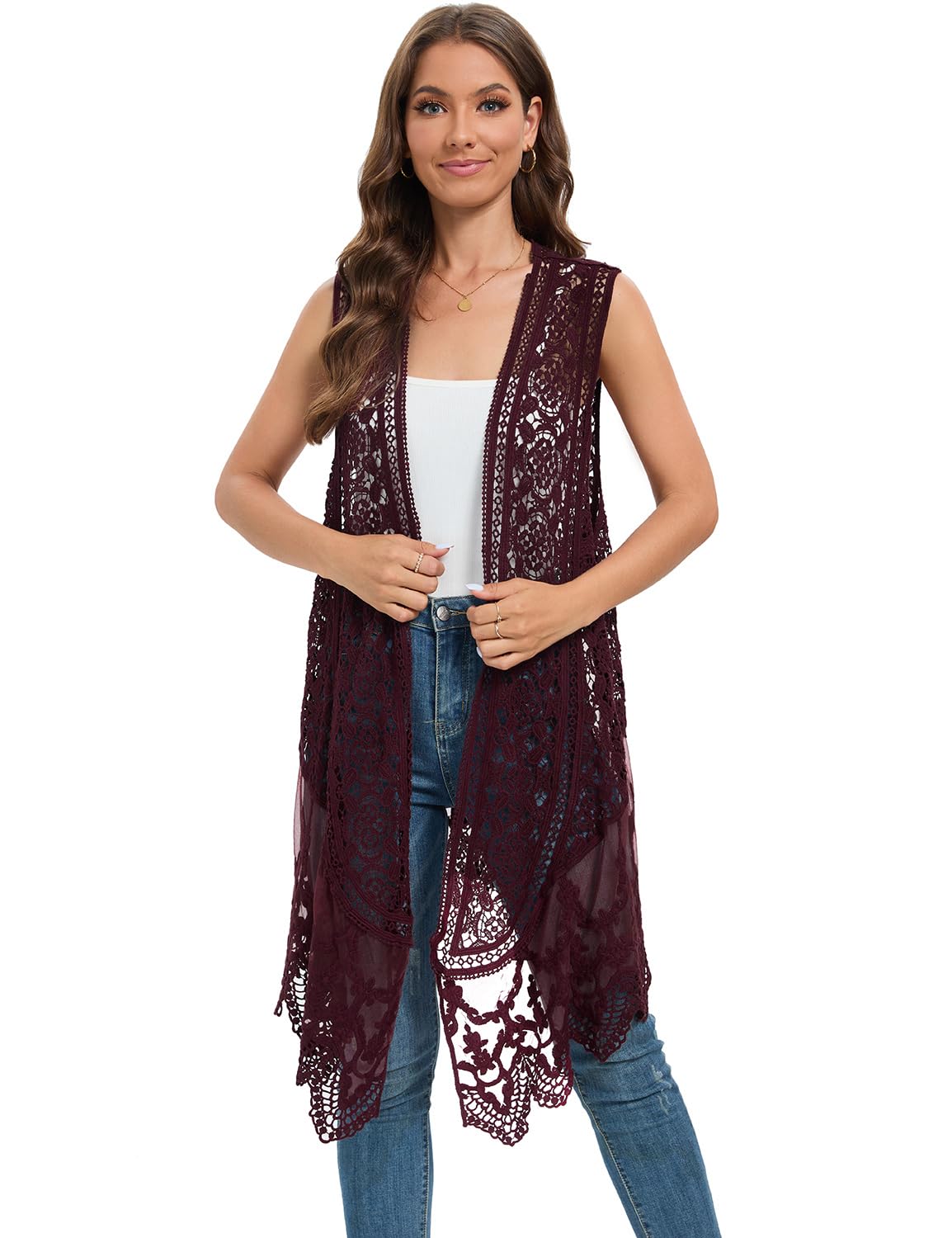 WESURE Sheer Cardigan Crochet Sleeveless Cover Up Mesh Patchwork Hippie Vest (Beige)