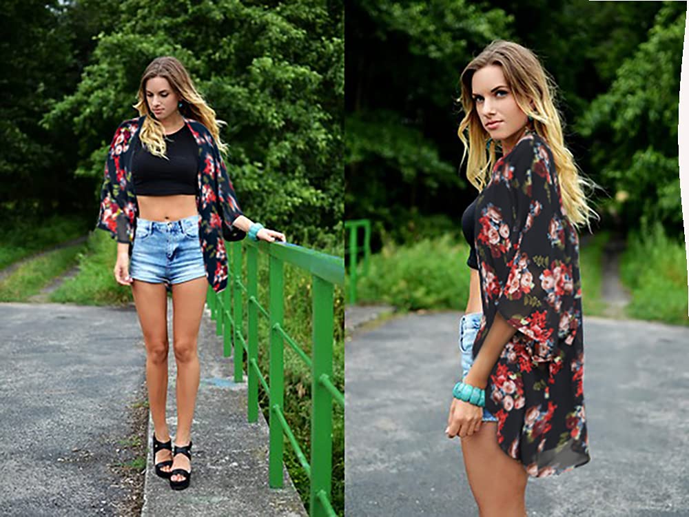 Women's Floral Kimono Cardigan Print Short Sleeve Shawl Chiffon Casual Summer Blouse Tops