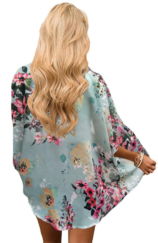 Women's Floral Kimono Cardigan Print Short Sleeve Shawl Chiffon Casual Summer Blouse Tops