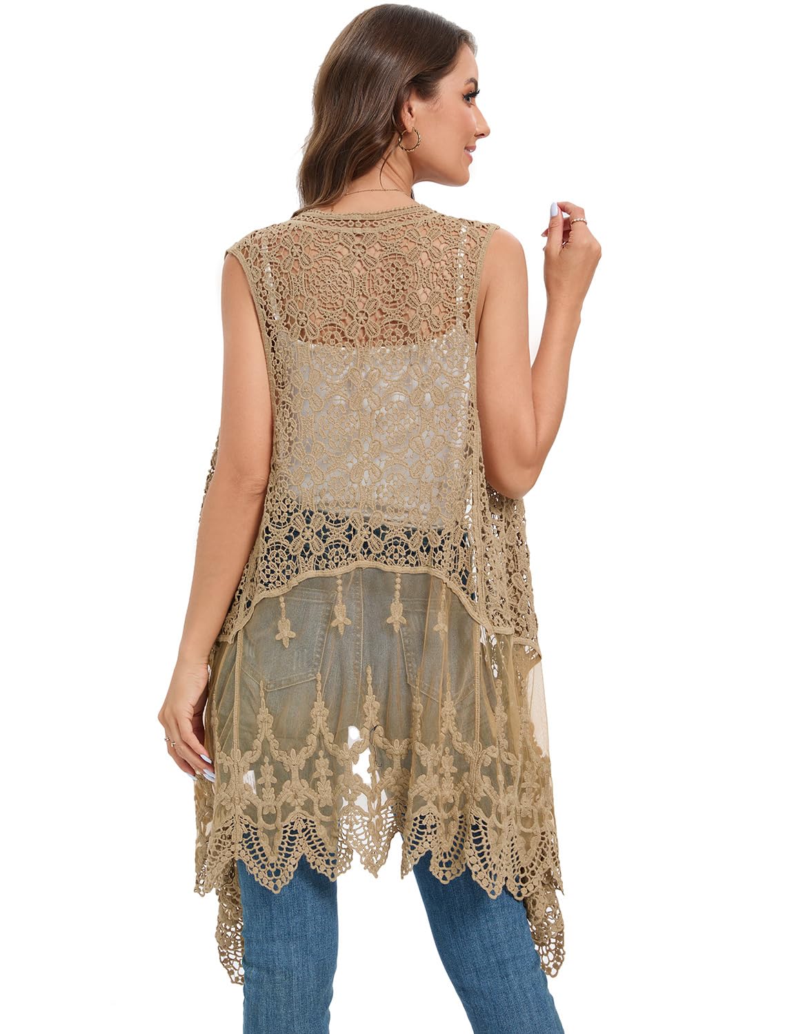 WESURE Sheer Cardigan Crochet Sleeveless Cover Up Mesh Patchwork Hippie Vest (Beige)