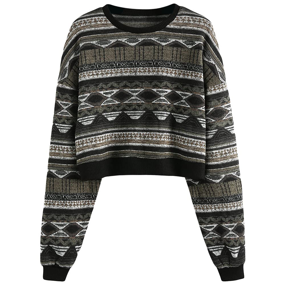 Women's Tribal Ethnic Graphic Cropped Knitwear Bohemian Long Sleeve Pullover Sweater