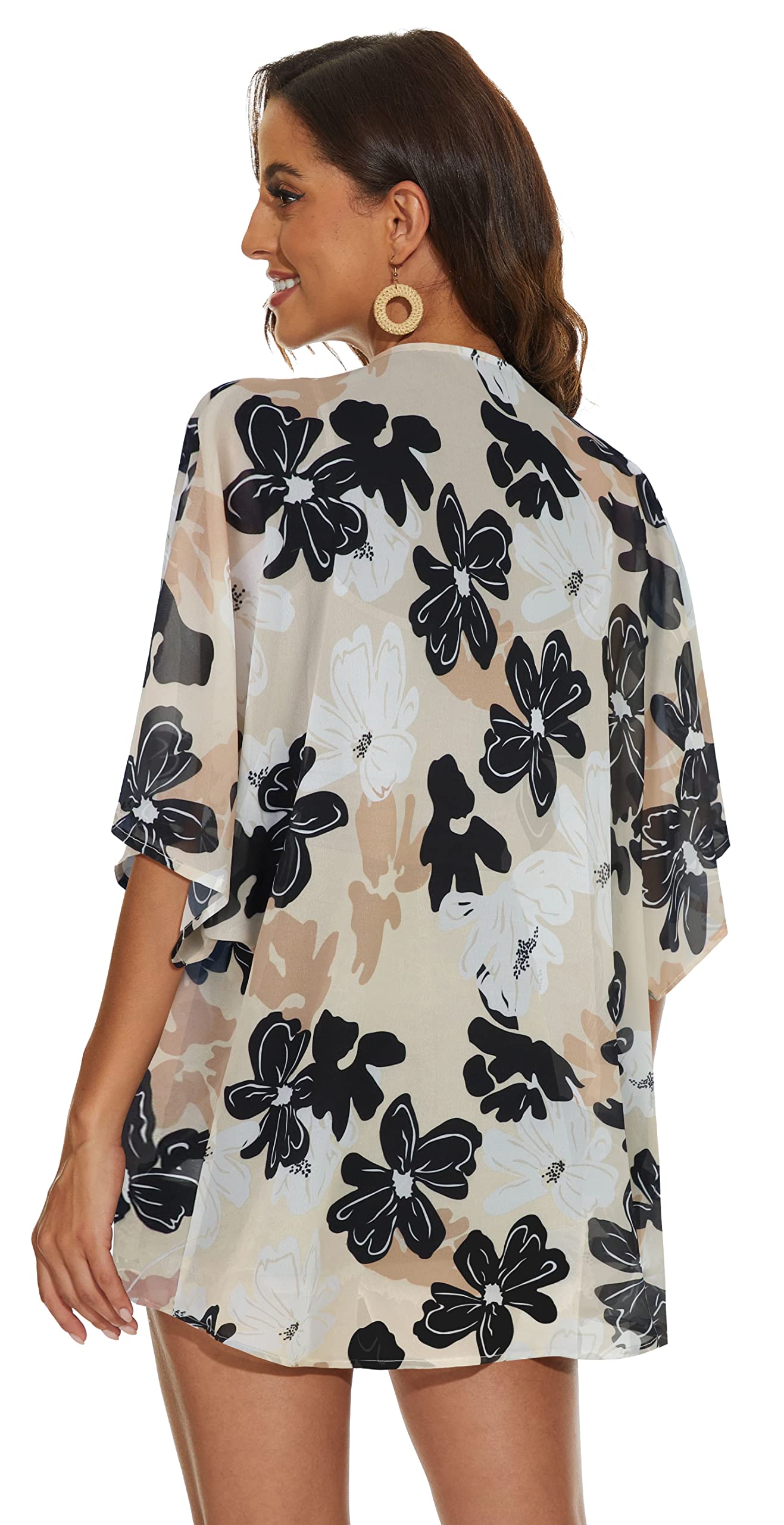 Women's Floral Kimono Cardigan Print Short Sleeve Shawl Chiffon Casual Summer Blouse Tops