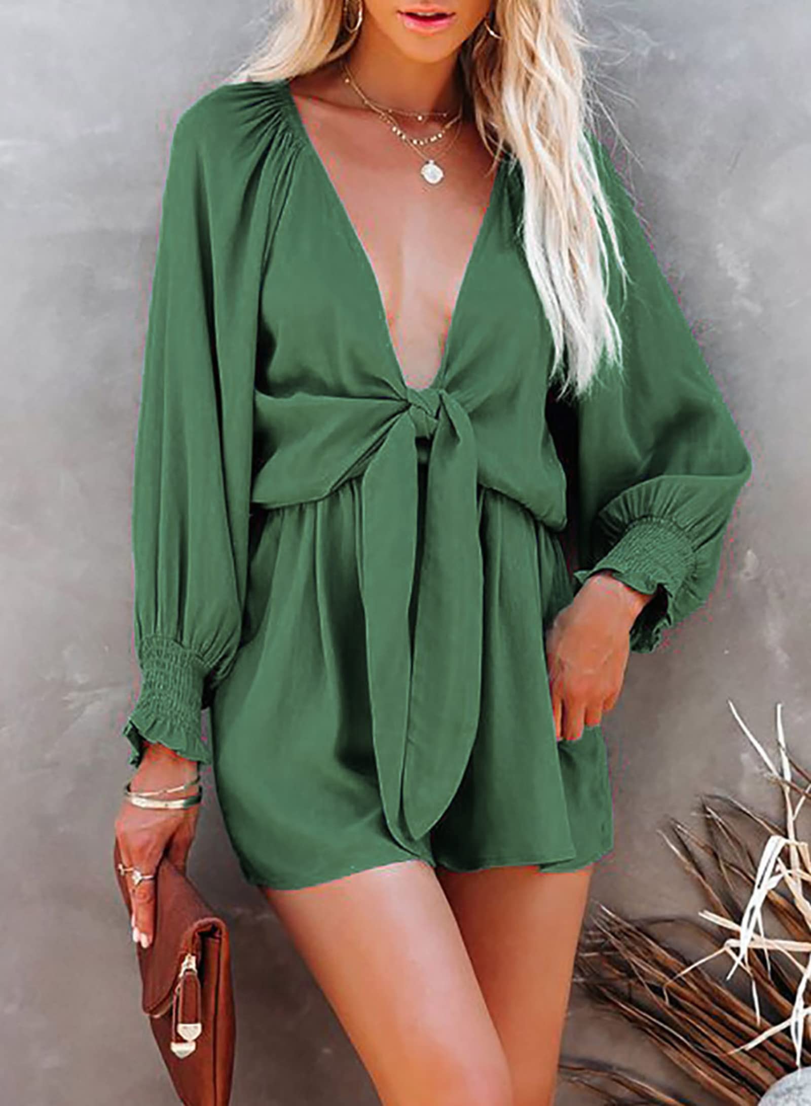 Women's Casual Floral Jumpsuits V-neck Long Sleeve Tie Waist Ruffle Layered Mini Dress Short Rompers