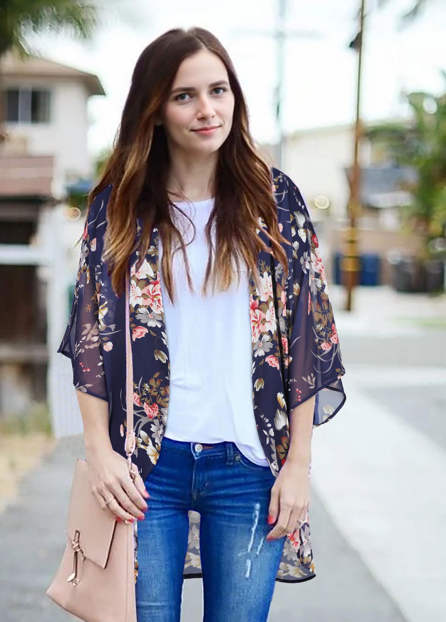 Women's Floral Kimono Cardigan Print Short Sleeve Shawl Chiffon Casual Summer Blouse Tops