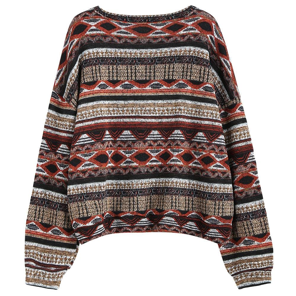 Women's Tribal Ethnic Graphic Cropped Knitwear Bohemian Long Sleeve Pullover Sweater