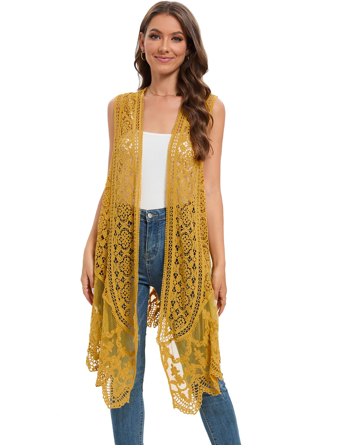 WESURE Sheer Cardigan Crochet Sleeveless Cover Up Mesh Patchwork Hippie Vest (Beige)