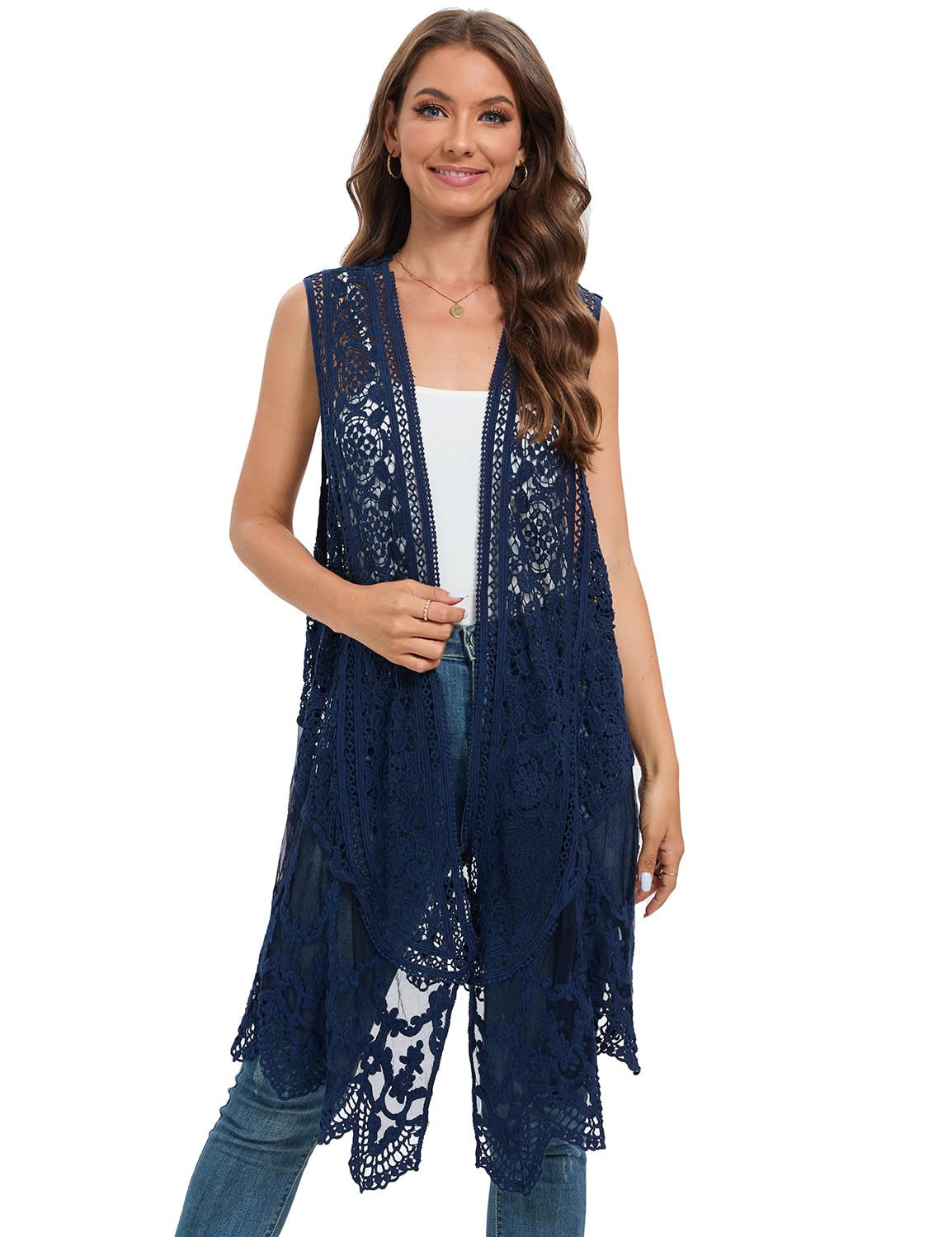 WESURE Sheer Cardigan Crochet Sleeveless Cover Up Mesh Patchwork Hippie Vest (Beige)