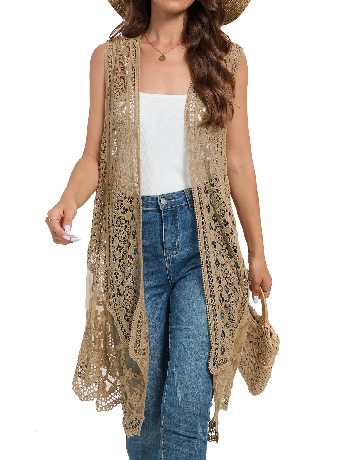 WESURE Sheer Cardigan Crochet Sleeveless Cover Up Mesh Patchwork Hippie Vest (Beige)