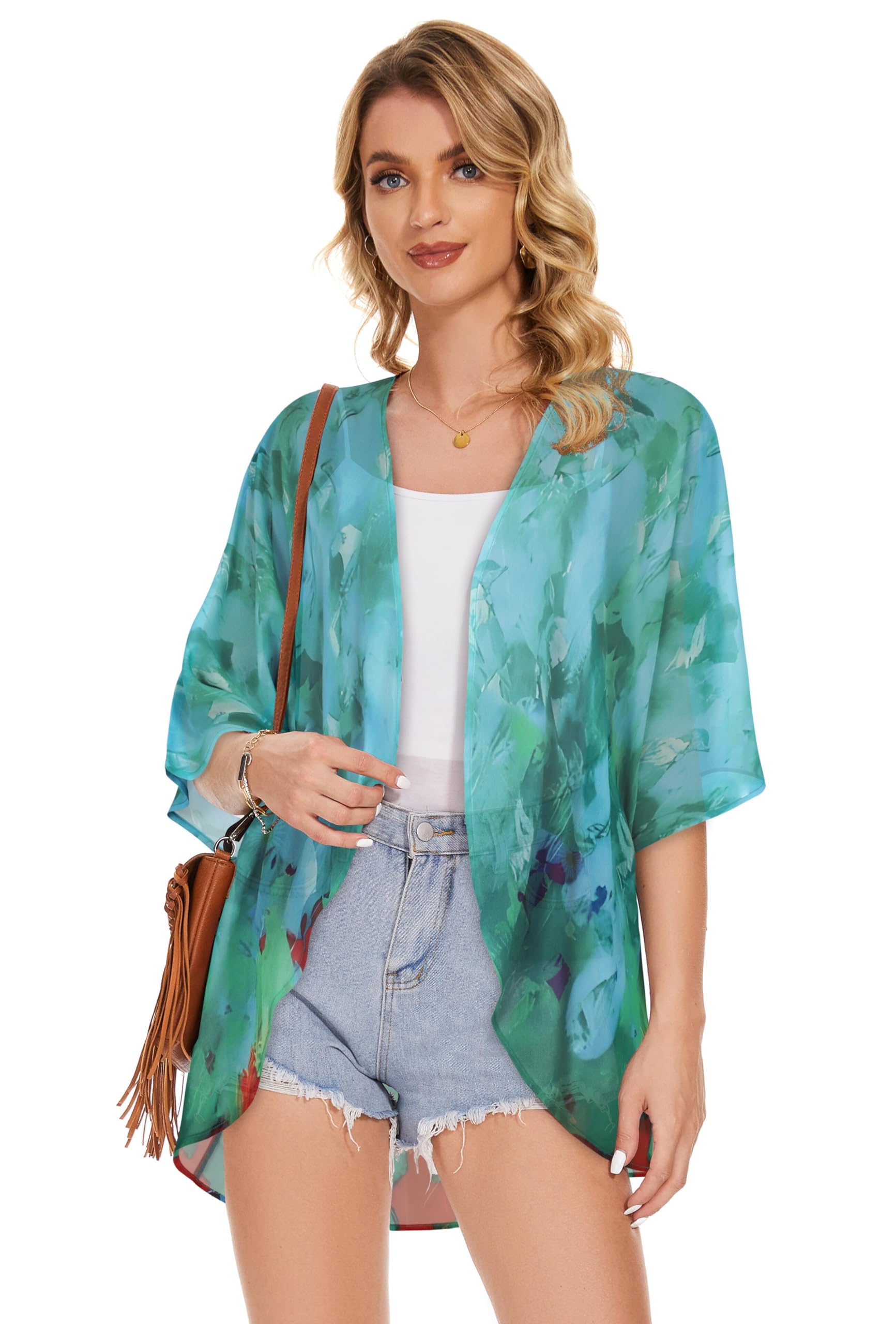 Women's Floral Kimono Cardigan Print Short Sleeve Shawl Chiffon Casual Summer Blouse Tops