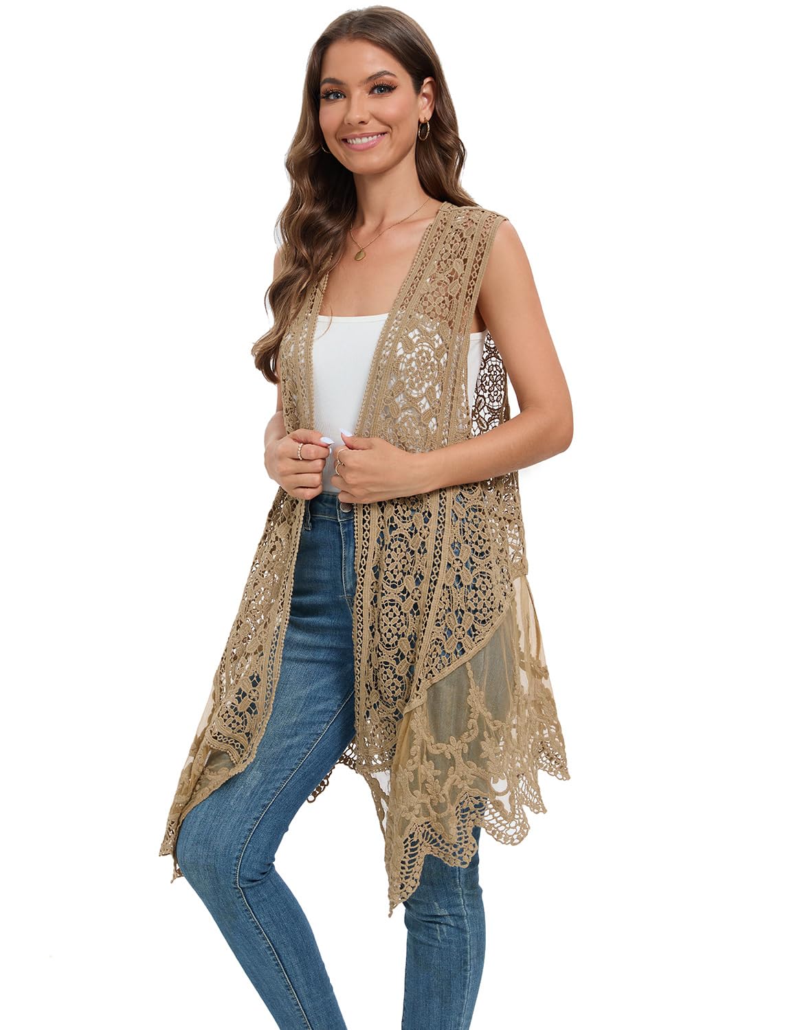 WESURE Sheer Cardigan Crochet Sleeveless Cover Up Mesh Patchwork Hippie Vest (Beige)