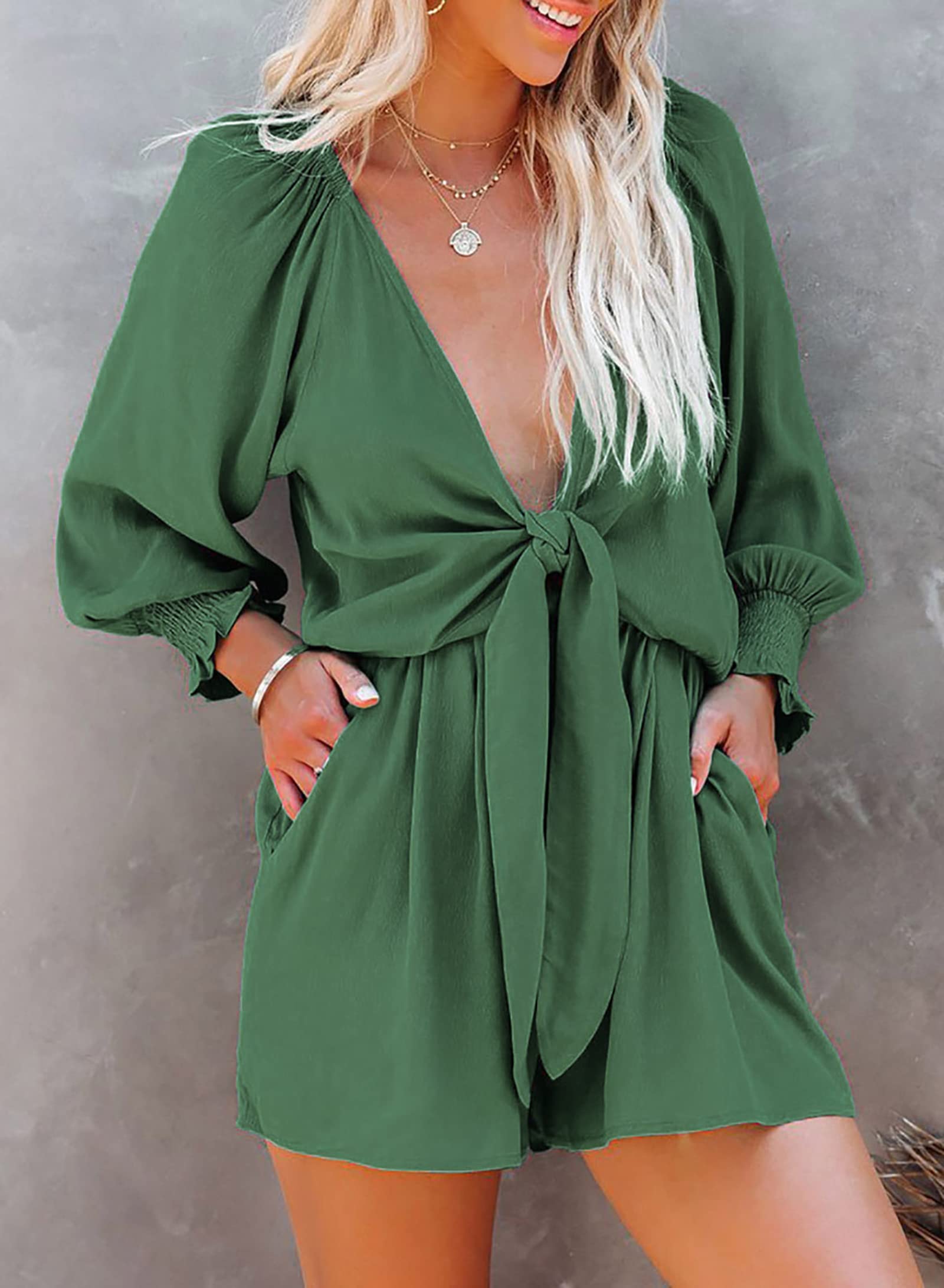 Women's Casual Floral Jumpsuits V-neck Long Sleeve Tie Waist Ruffle Layered Mini Dress Short Rompers