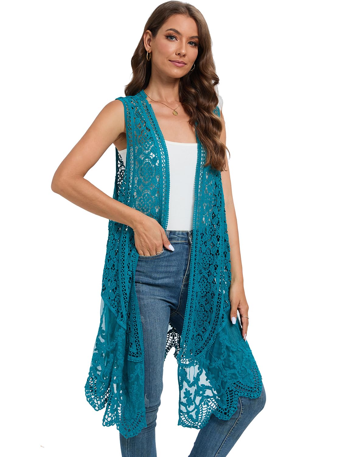 WESURE Sheer Cardigan Crochet Sleeveless Cover Up Mesh Patchwork Hippie Vest (Beige)