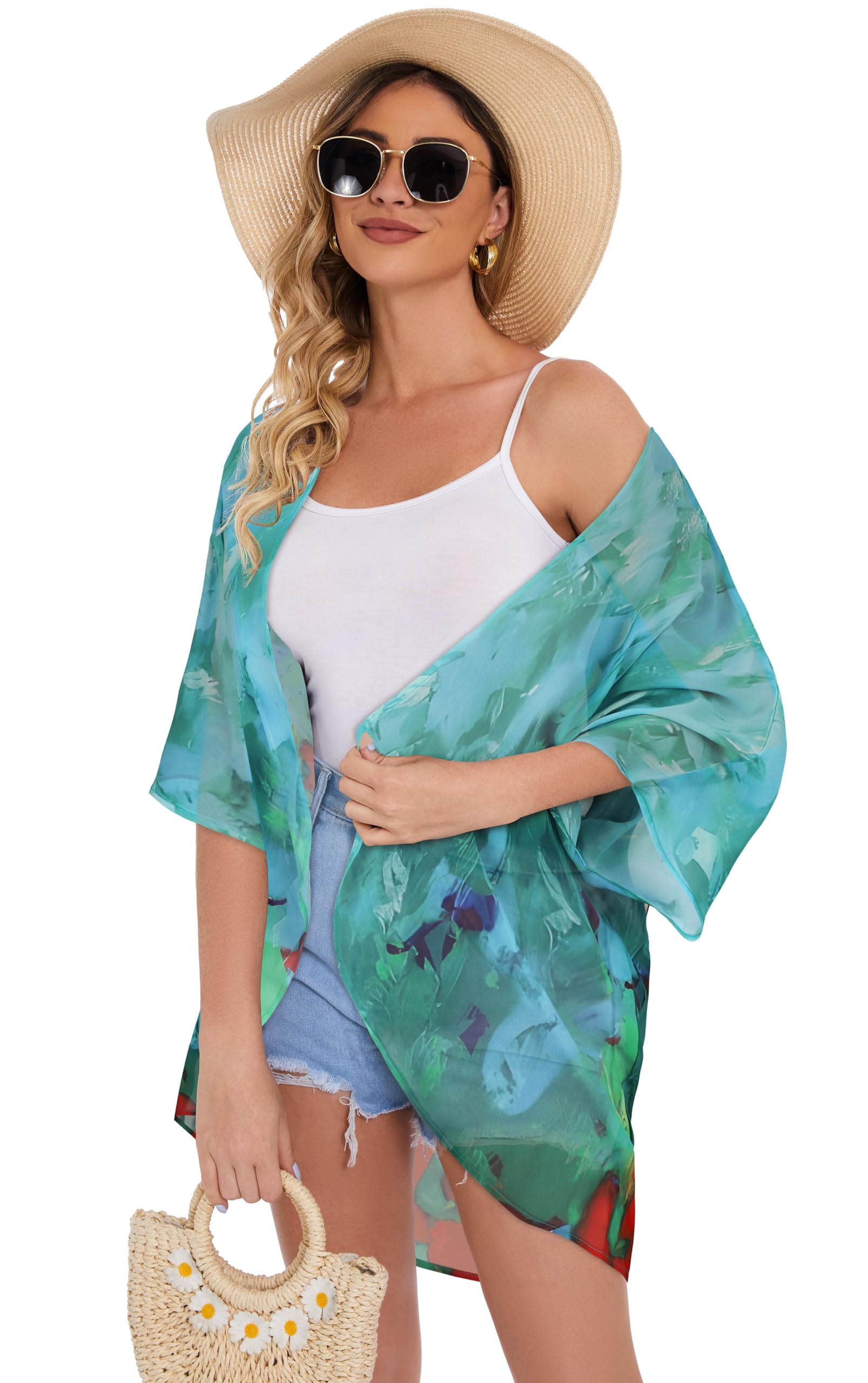 Women's Floral Kimono Cardigan Print Short Sleeve Shawl Chiffon Casual Summer Blouse Tops