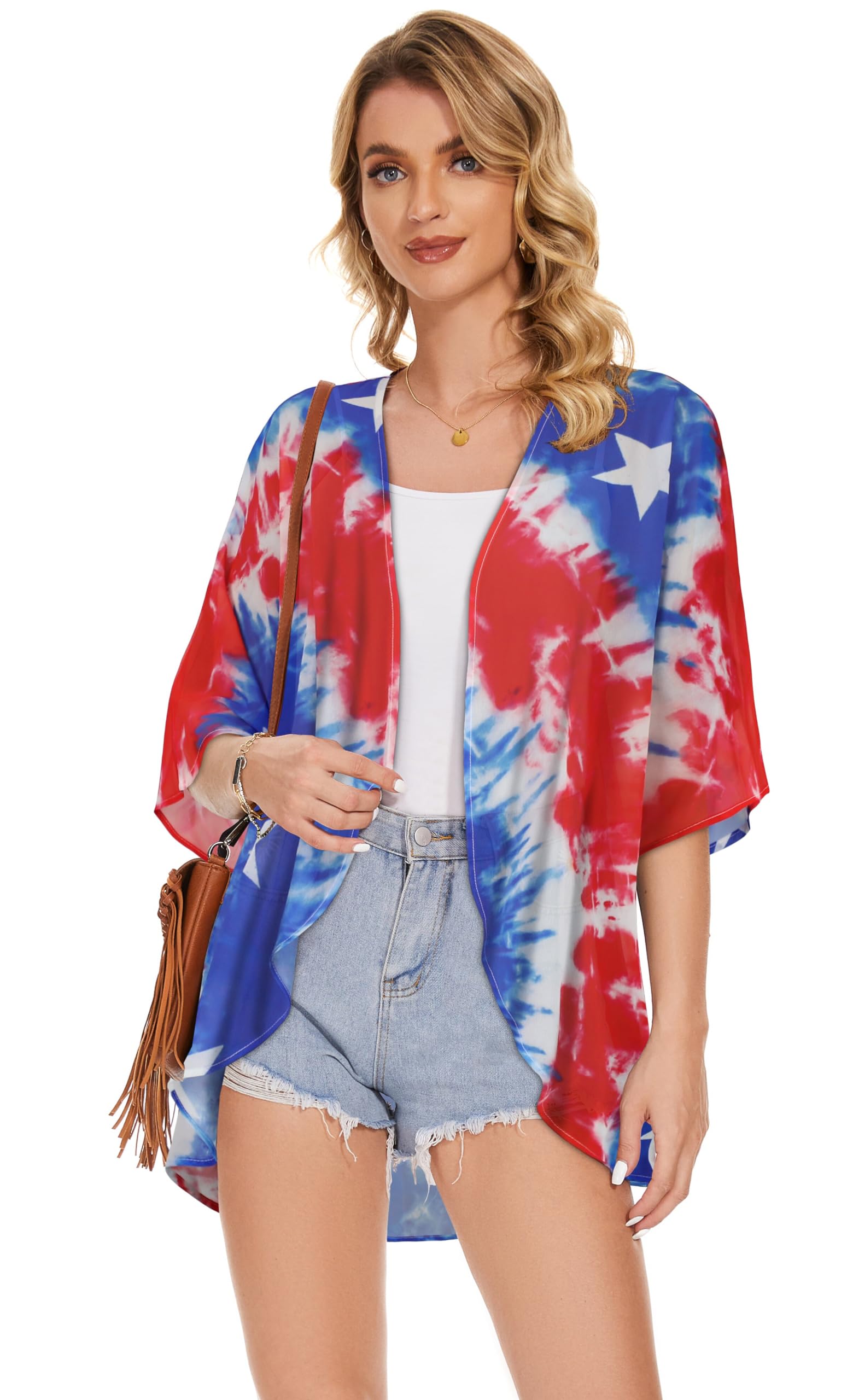 Women's Floral Kimono Cardigan Print Short Sleeve Shawl Chiffon Casual Summer Blouse Tops