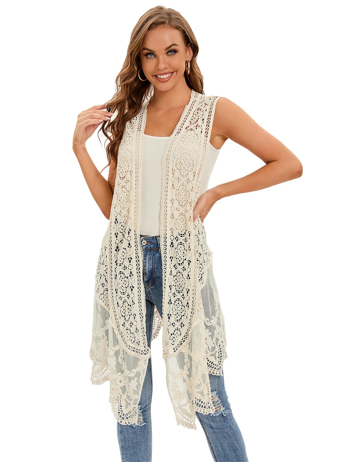 WESURE Sheer Cardigan Crochet Sleeveless Cover Up Mesh Patchwork Hippie Vest (Beige)