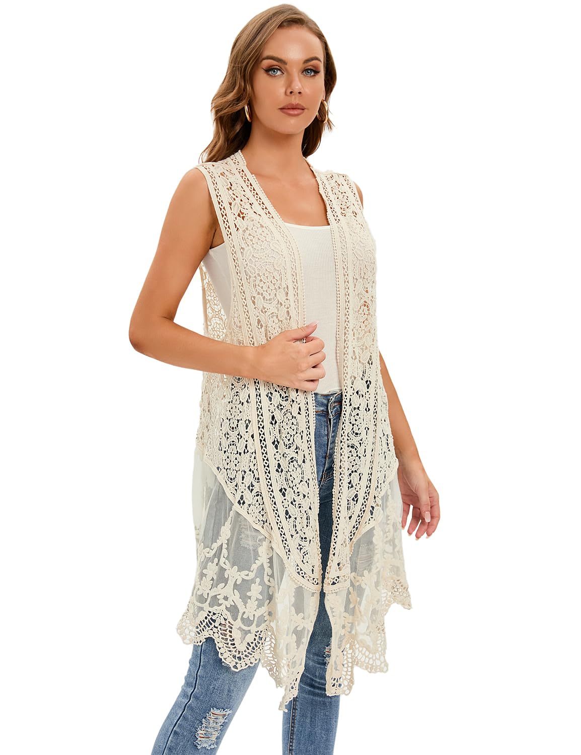 WESURE Sheer Cardigan Crochet Sleeveless Cover Up Mesh Patchwork Hippie Vest (Beige)