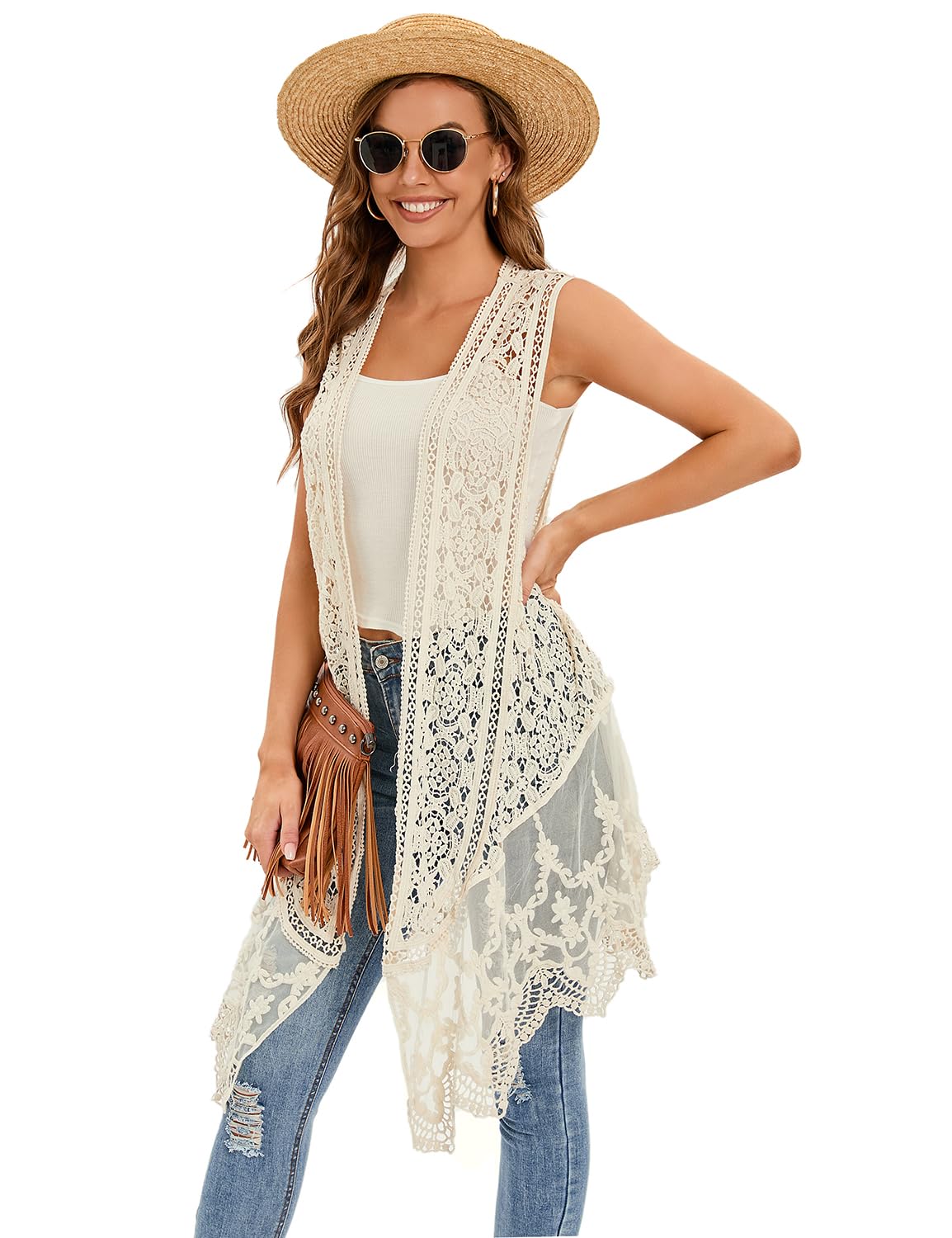 WESURE Sheer Cardigan Crochet Sleeveless Cover Up Mesh Patchwork Hippie Vest (Beige)