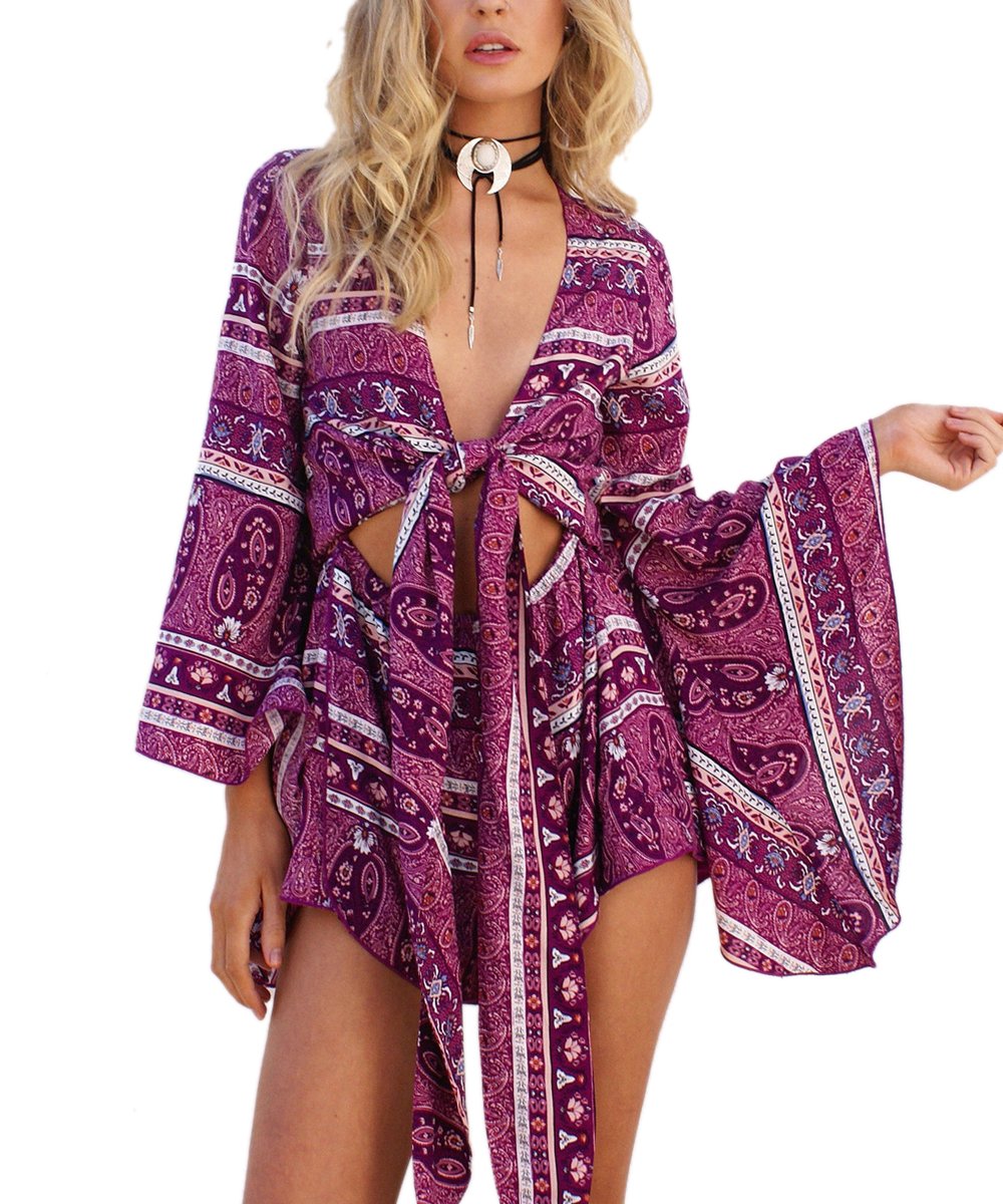 Women's Casual Floral Jumpsuits V-neck Long Sleeve Tie Waist Ruffle Layered Mini Dress Short Rompers