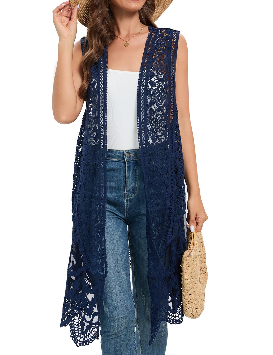 WESURE Sheer Cardigan Crochet Sleeveless Cover Up Mesh Patchwork Hippie Vest (Beige)