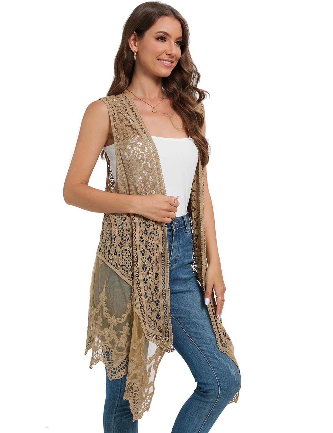 WESURE Sheer Cardigan Crochet Sleeveless Cover Up Mesh Patchwork Hippie Vest (Beige)