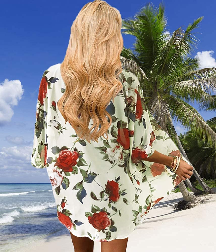 Women's Floral Kimono Cardigan Print Short Sleeve Shawl Chiffon Casual Summer Blouse Tops