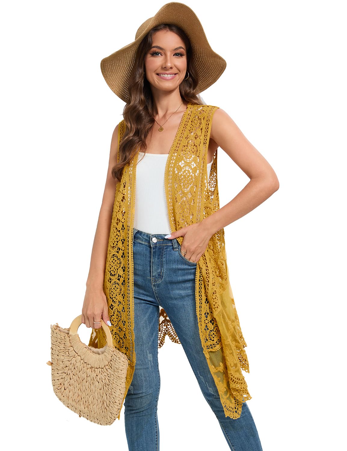 WESURE Sheer Cardigan Crochet Sleeveless Cover Up Mesh Patchwork Hippie Vest (Beige)